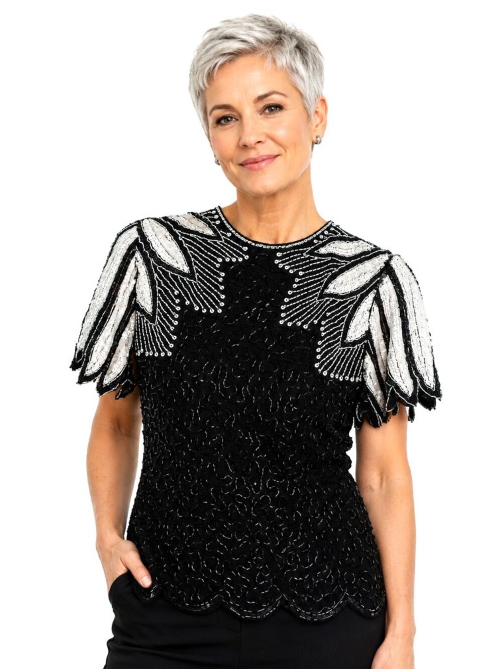 Vintage Stenay Black Swan Silk Beaded Sequin Embellished Top